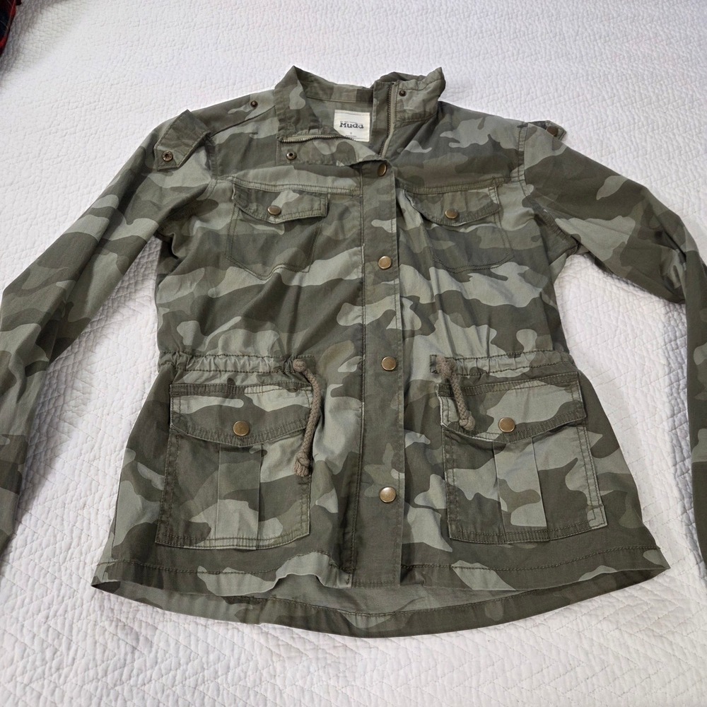 Mudd Womens Small Camo Utility Jacket Green Military Full Zip‎ Drawstring Waist